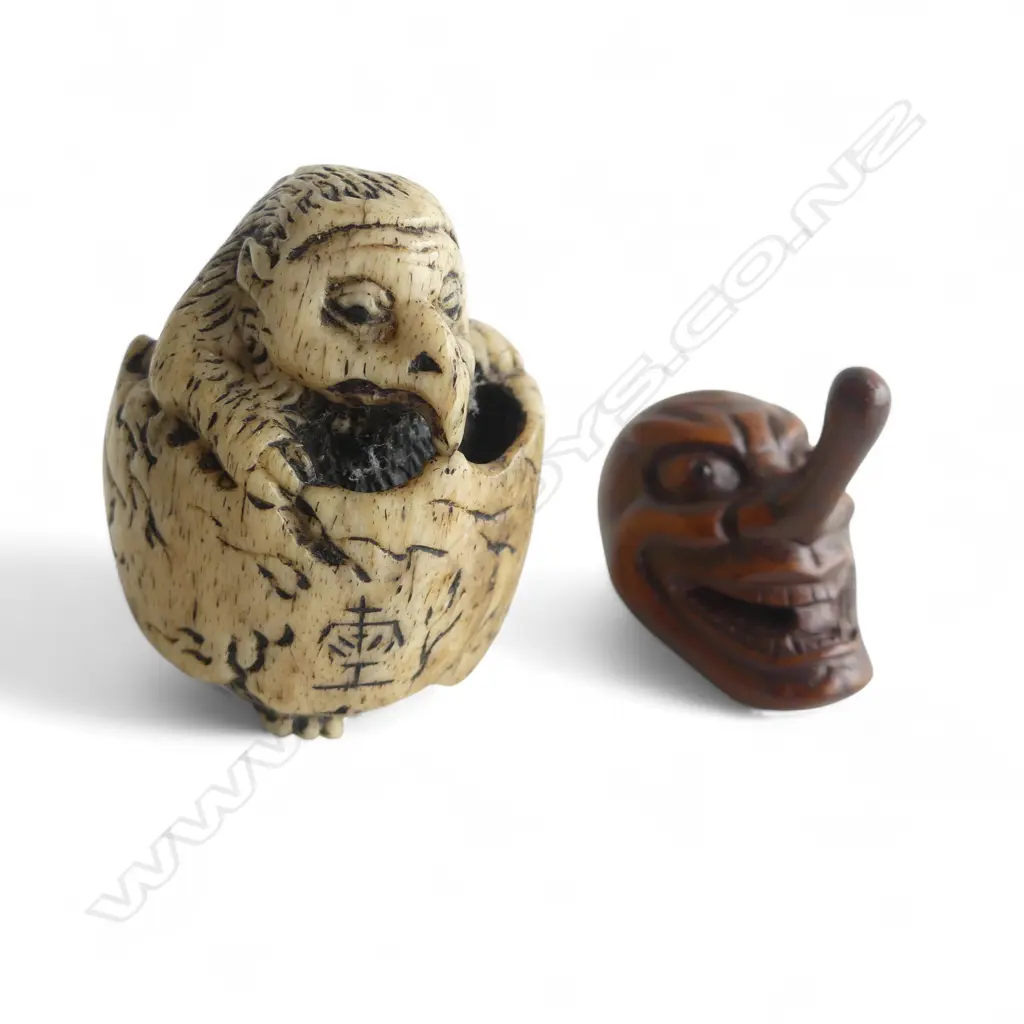 CARVED BONE TENGU NETSUKE (signed) + TENGU MASK NETSUKE Image 1++