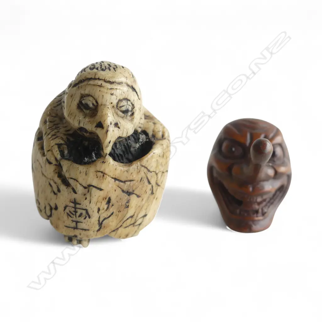 CARVED BONE TENGU NETSUKE (signed) + TENGU MASK NETSUKE Image 1++
