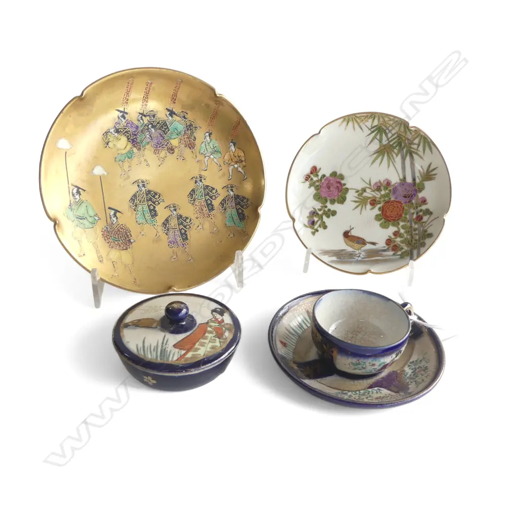 4 MINITURE VINTAGE SATSUMA PCS LIDDED BOWL DIA55MM C/S DIA 80MM & 2 DISHES  Image 1++