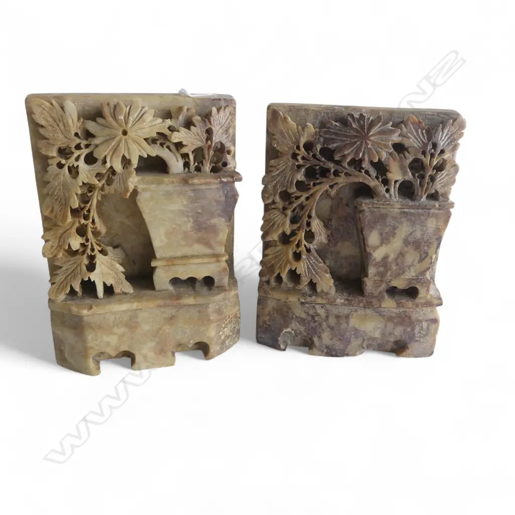 PR VINTAGE CHINESE FLORAL CARVED SOAPSTONE BOOKENDS H140MM Image 1++