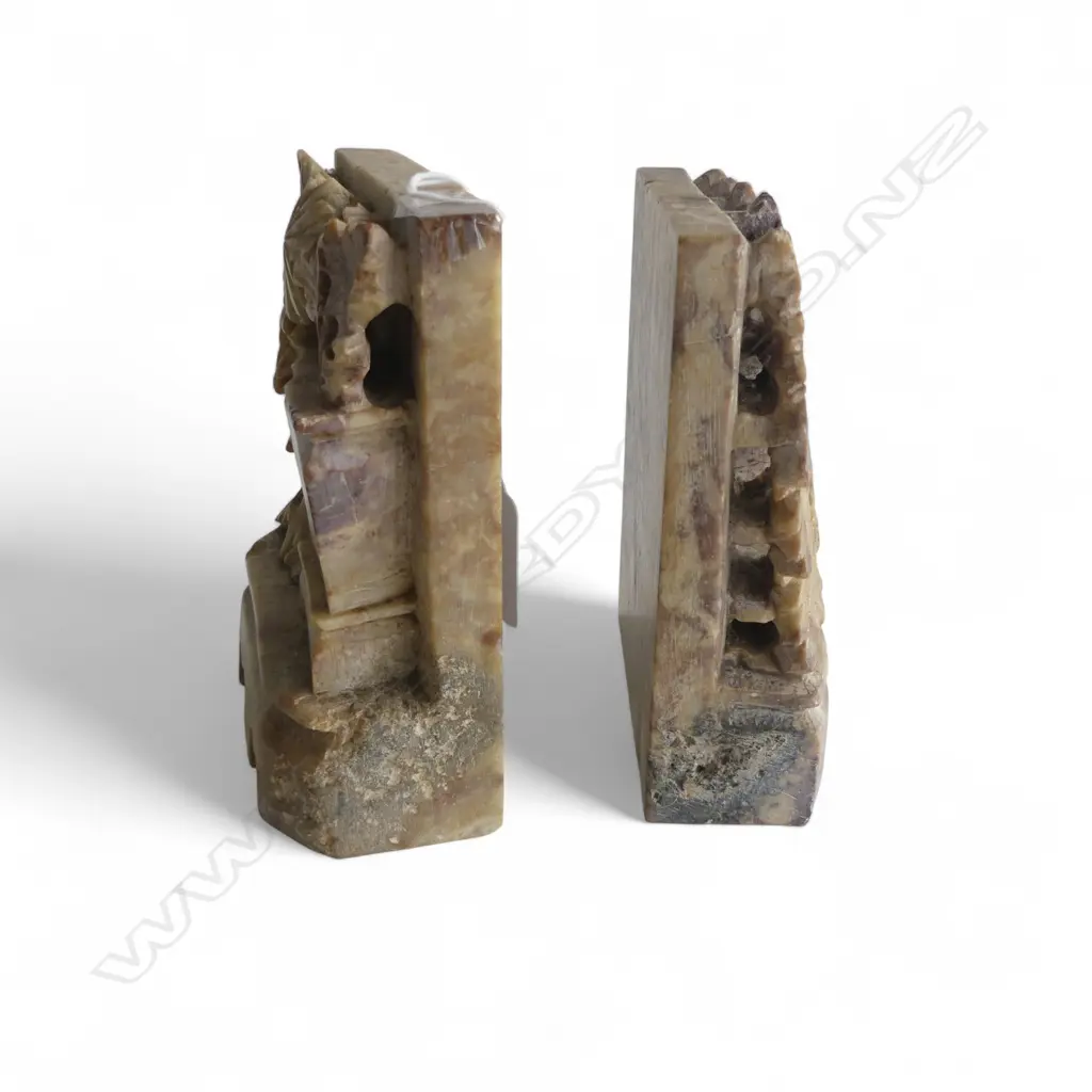 PR VINTAGE CHINESE FLORAL CARVED SOAPSTONE BOOKENDS H140MM Image 1++