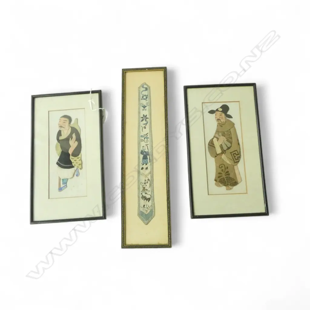 3 old ORIENTAL FRAMED ART WORKS: Chinese silk cuff + pr Japanese fabric cut-out figures Image 1++