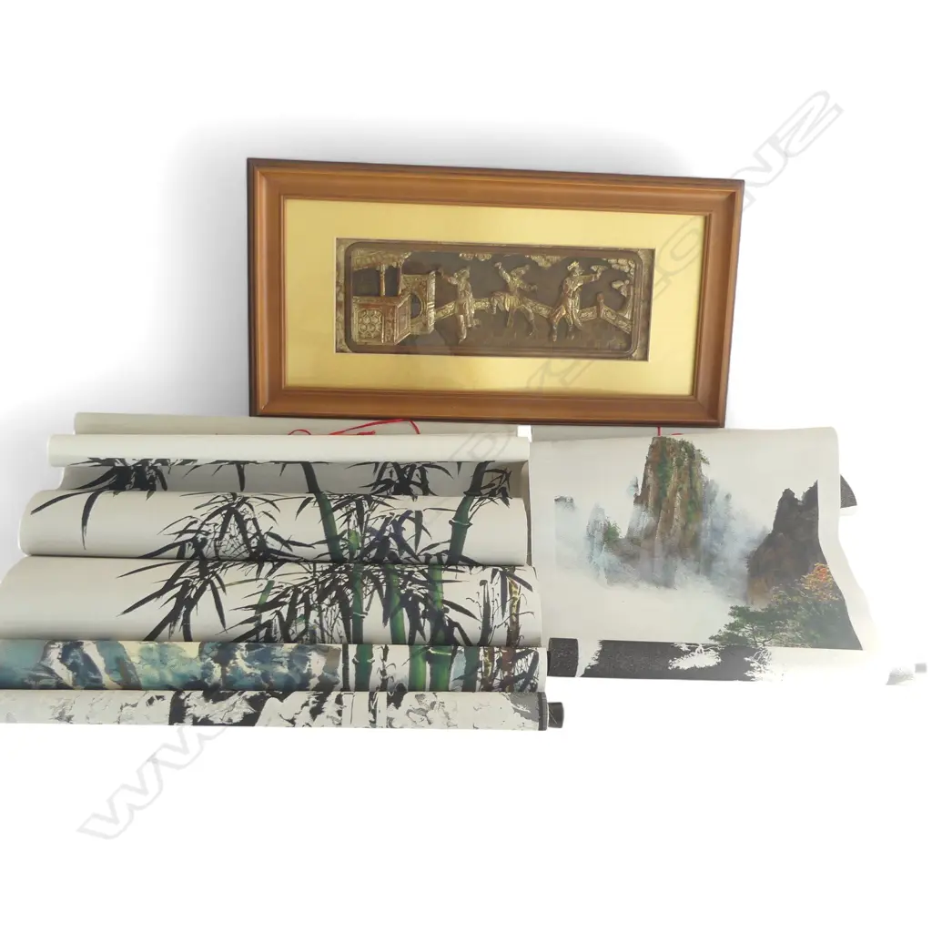 BOXED FRAMED CHINESE CARVED WOOD PANEL L480 & 2 BOXED SCROLLS  L480 & 350MM Image 1++