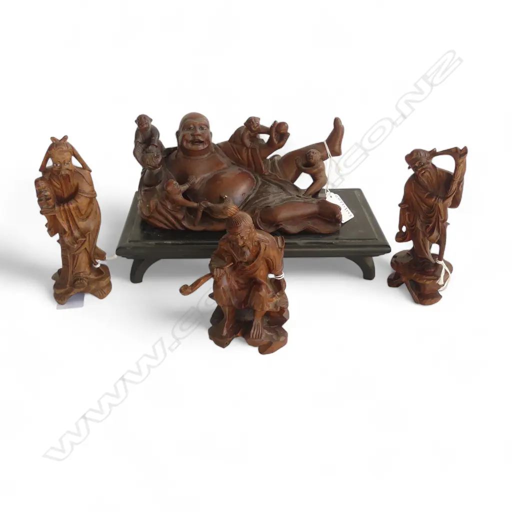 4 VINTAGE CHINESE HARDWOOD FIGURAL CARVINGS REPAIR TO LARGEST L205MM Image 1++