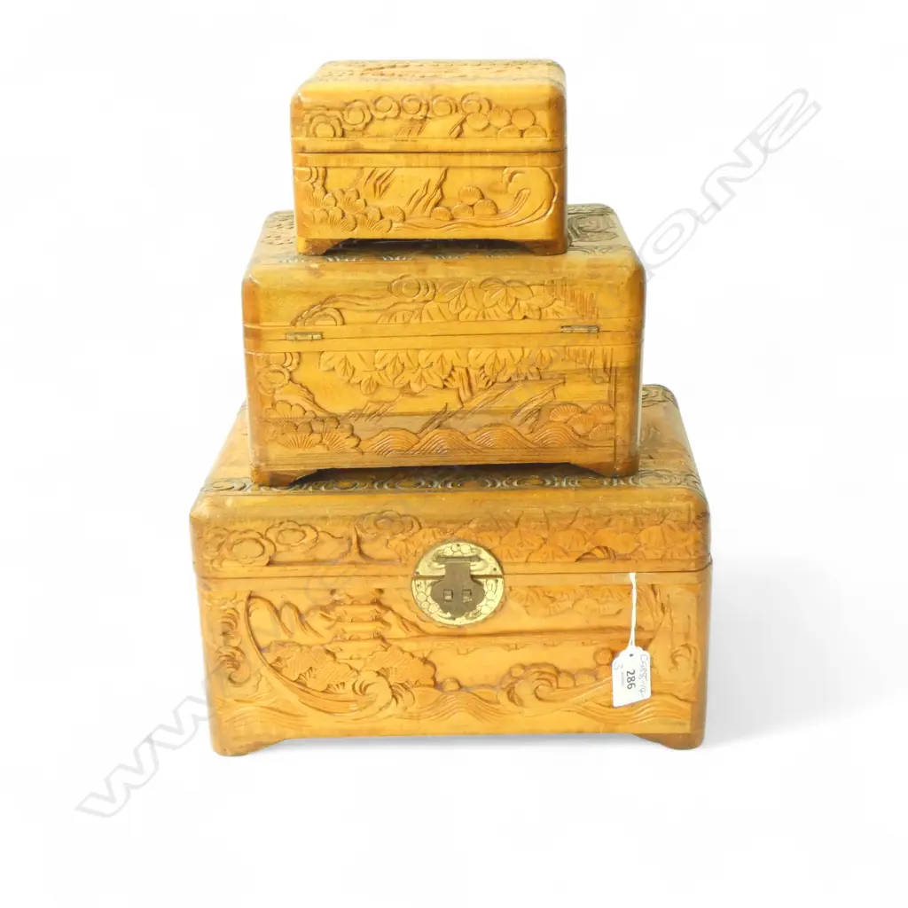 SET 3 GRADUATED SMALL CHINESE CARVED CAMPHOR CHESTS LGEST 295 X 205 X 165mm Image 1++