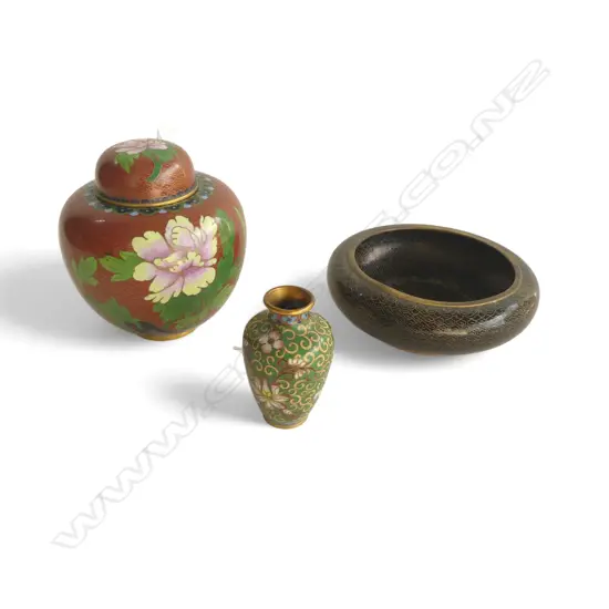 CHINESE CLOISONE LIDDED GINGER JAR H130MM BOWL DIA160 & VASE H80MM