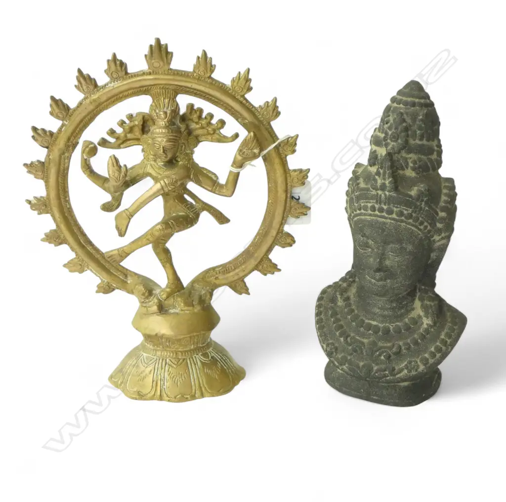 BRASS SHIVA DANCING NATARAJA  + CONCRETE BUDDHA HEAD H.230mm Image 1++