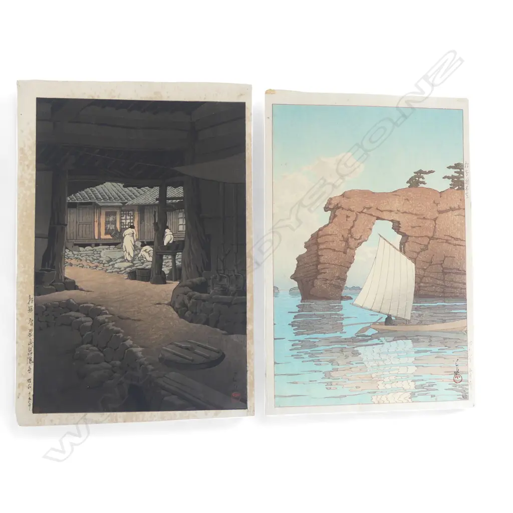 2 SHIN-HANGA PRINTS by KAWASI HASUI, 'SENIN-JI TEMPLE CHIZAN KOREA' foxed & 'SAILING BOAT AT ZAIMOKU ISLAND' 395x270mm Image 1++