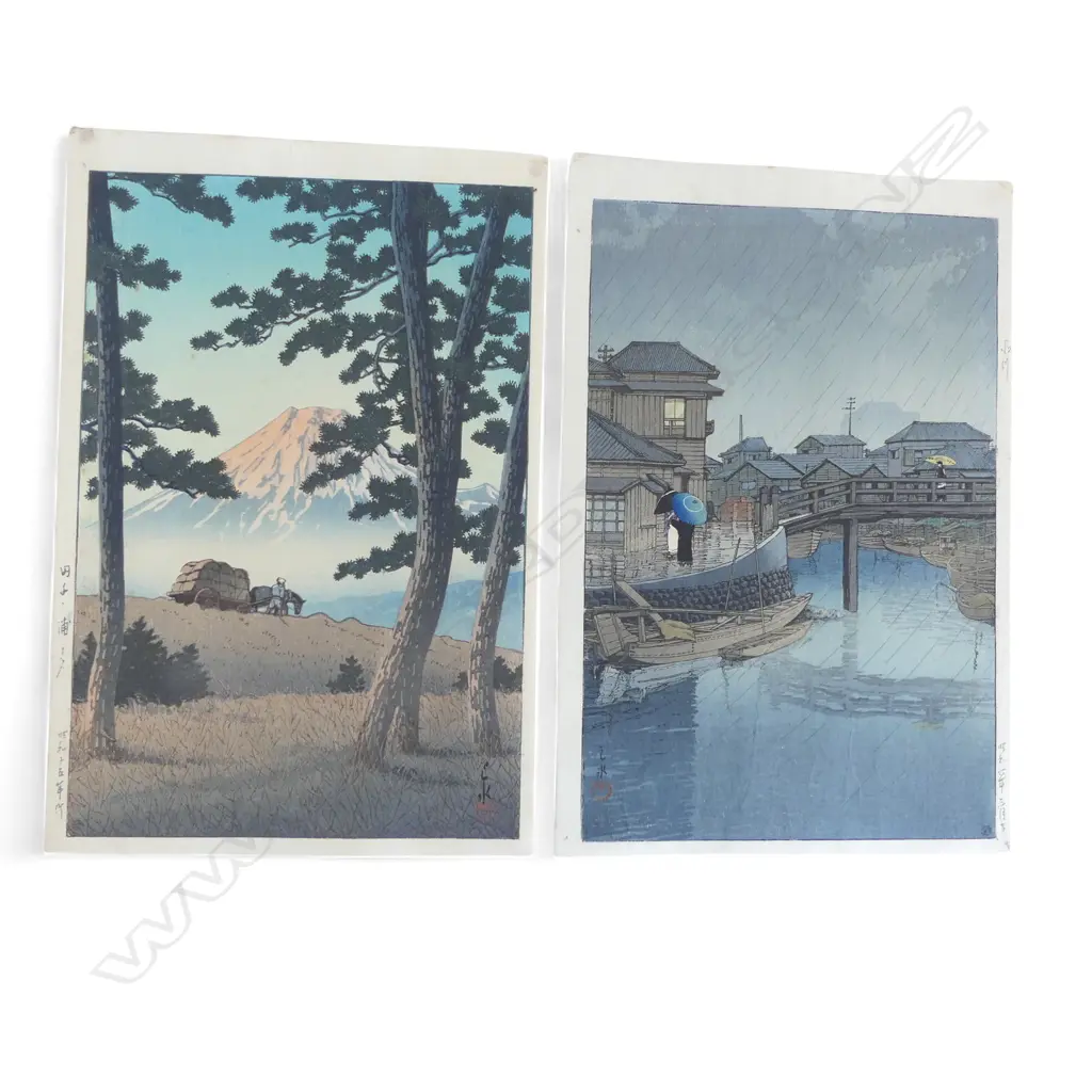 2 SHIN-HANGA PRINTS by KAWASI HASUI, 'RAINY SEASON AT RYOSHIMACHI SHINAGAWA' & 'MT FUJI FROM TAGONOURA' 395x270mm Image 1++