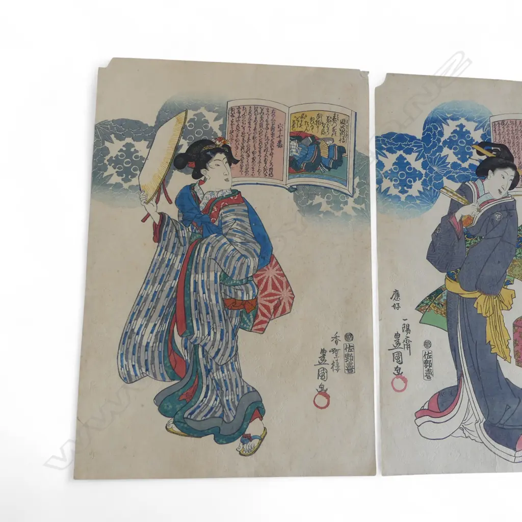 2  UKIYO-E PRINTS FROM THE SERIES HYKUNIN IISAU (ONE HUNDRED POETS) by UTAGAWA KUNISADA (1786-1864) 380x260mm Image 1++