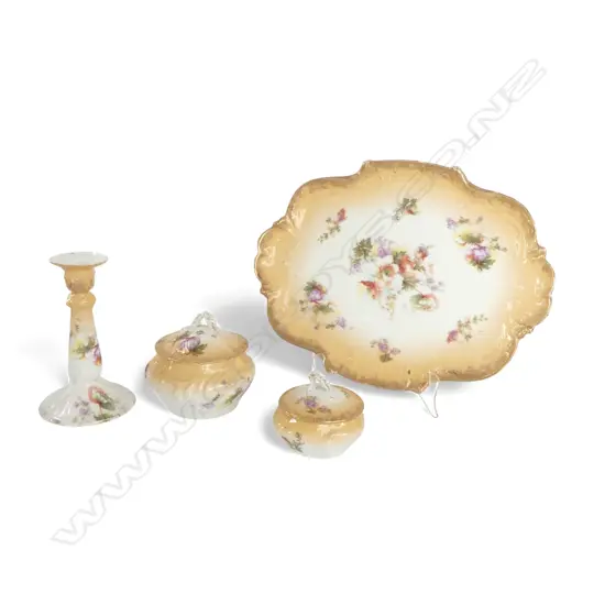 ANTIQUE PORC DRESSINGTABLE SET  CANDLESTICK H160 DISH & 3 LIDDED BOWLS