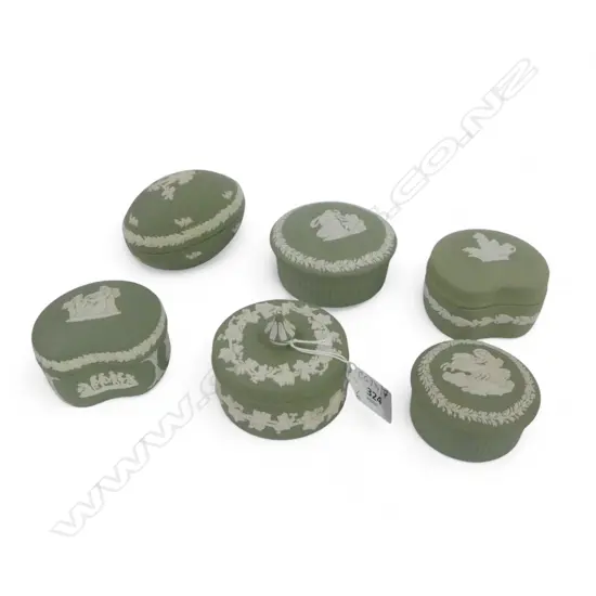 6 WEDGWOOD GREEN JASPERWARE LIDDED CONTAINERS 90mm dia
