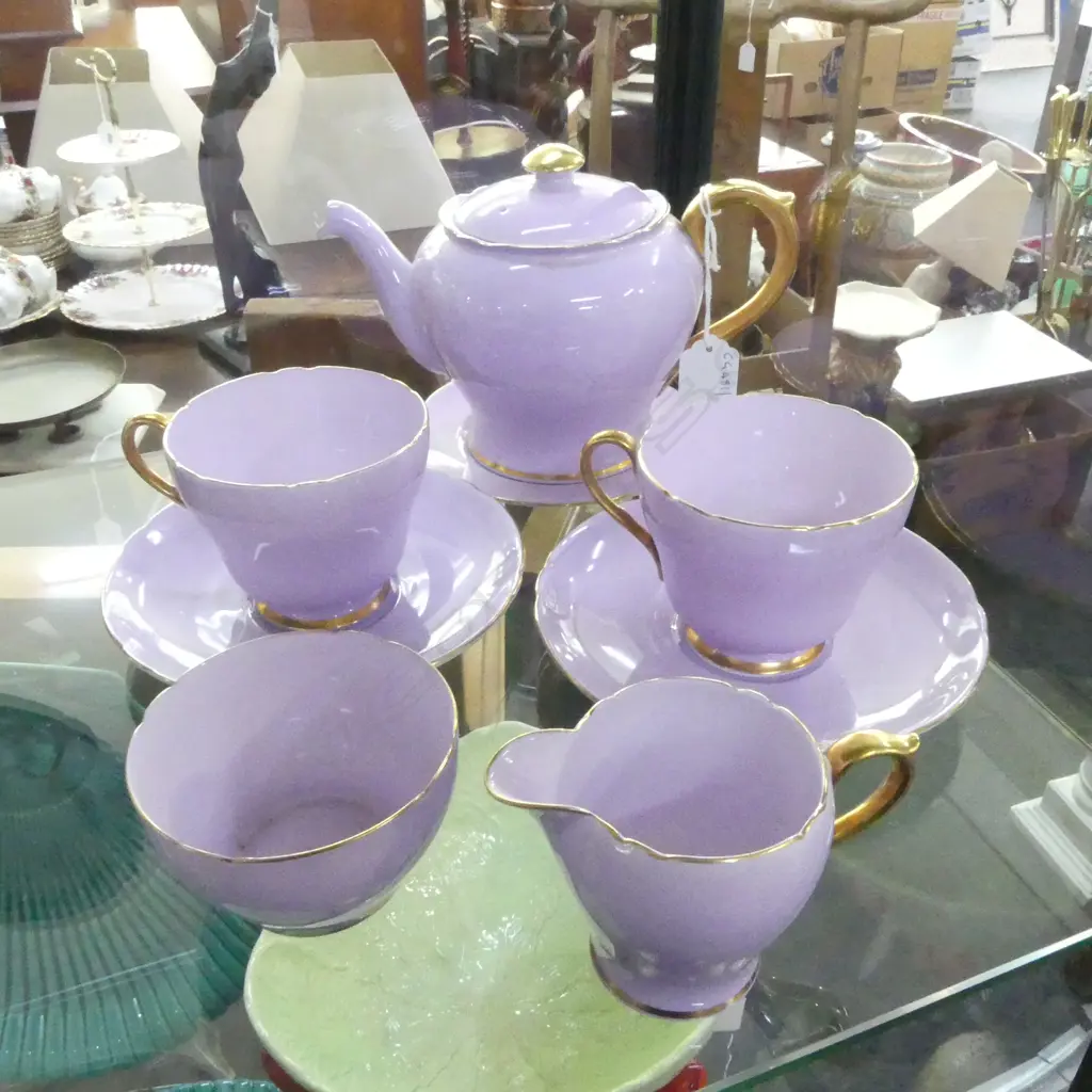 SHELLEY CHINA MAUVE COLOUR TEAPOT C/SUGAR 2C/SS & DISH Image 1++