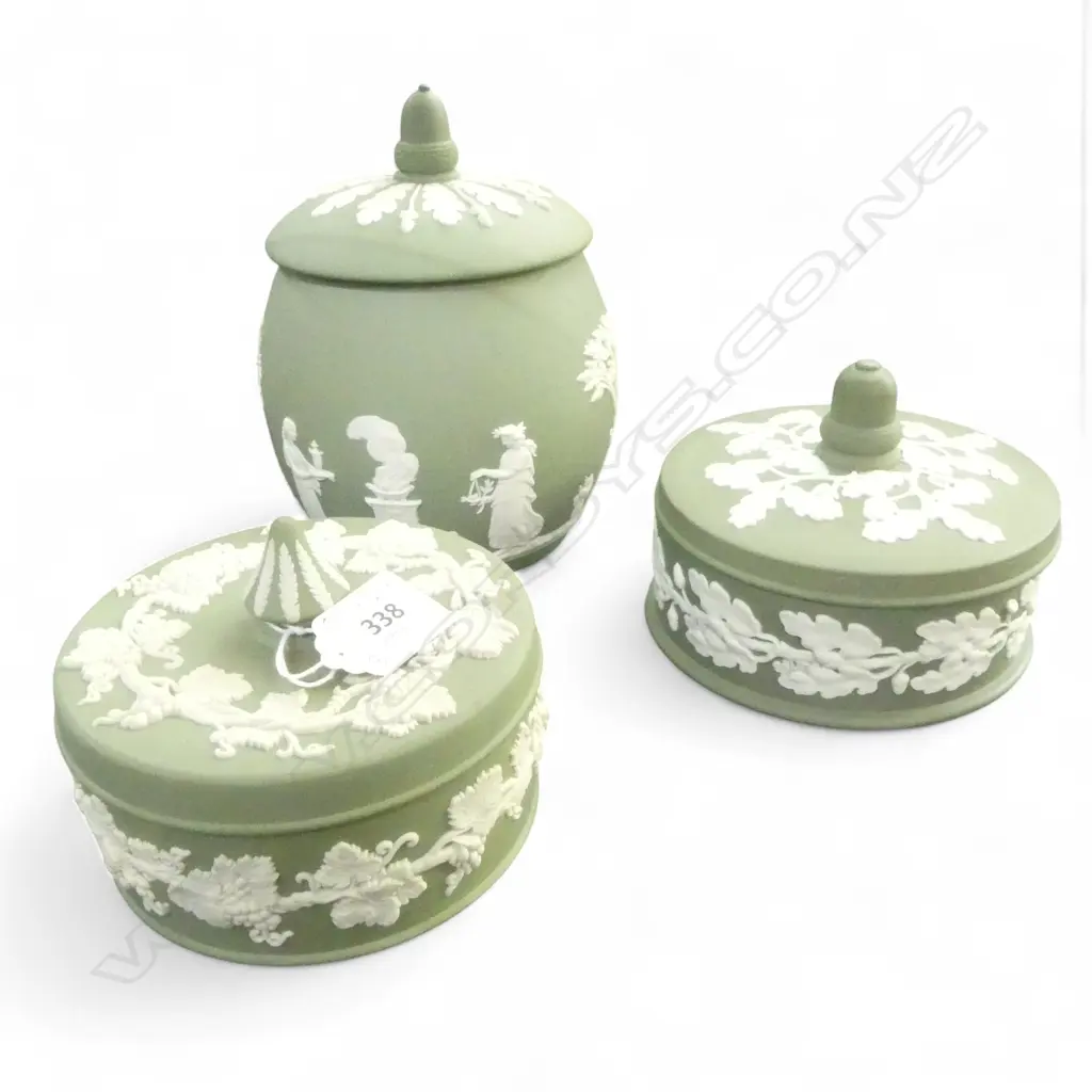 3 WEDGWOOD GREEN JASPERWARE LIDDED CONTAINERS H.165mm Image 1++