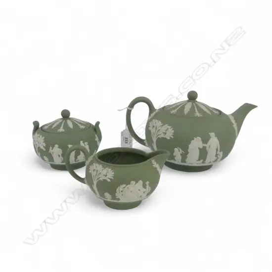 WEDGWOOD GREEN JASPERWARE TEAPOT (BOXED) + MILK & SUGAR