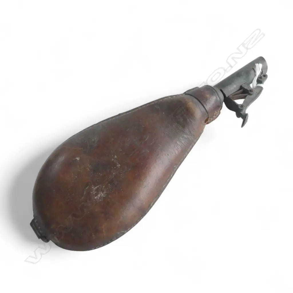 c1900 LEATHER & BRASS POWDER/SHOT FLASK small fitting absent Image 1++