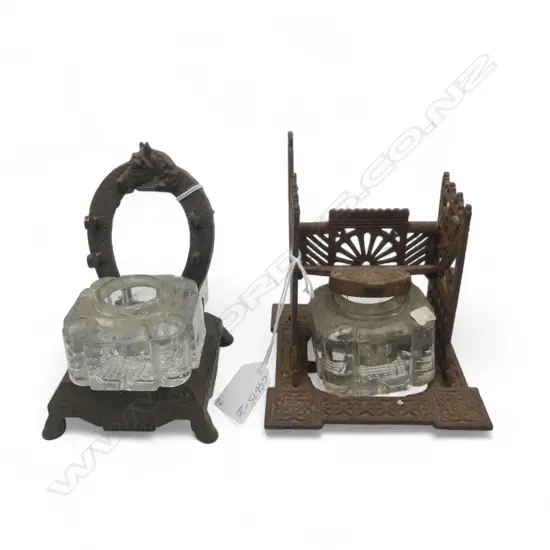 2 Cast Iron & Glass Ink Wells