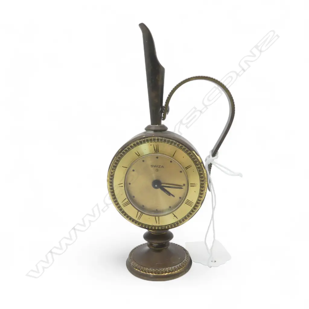 VINTAGE SWIZA (Swiss) 8 (day) brass NOVELTY DESK CLOCK as a ewer. With alarm. Running. H135mm. Image 1++
