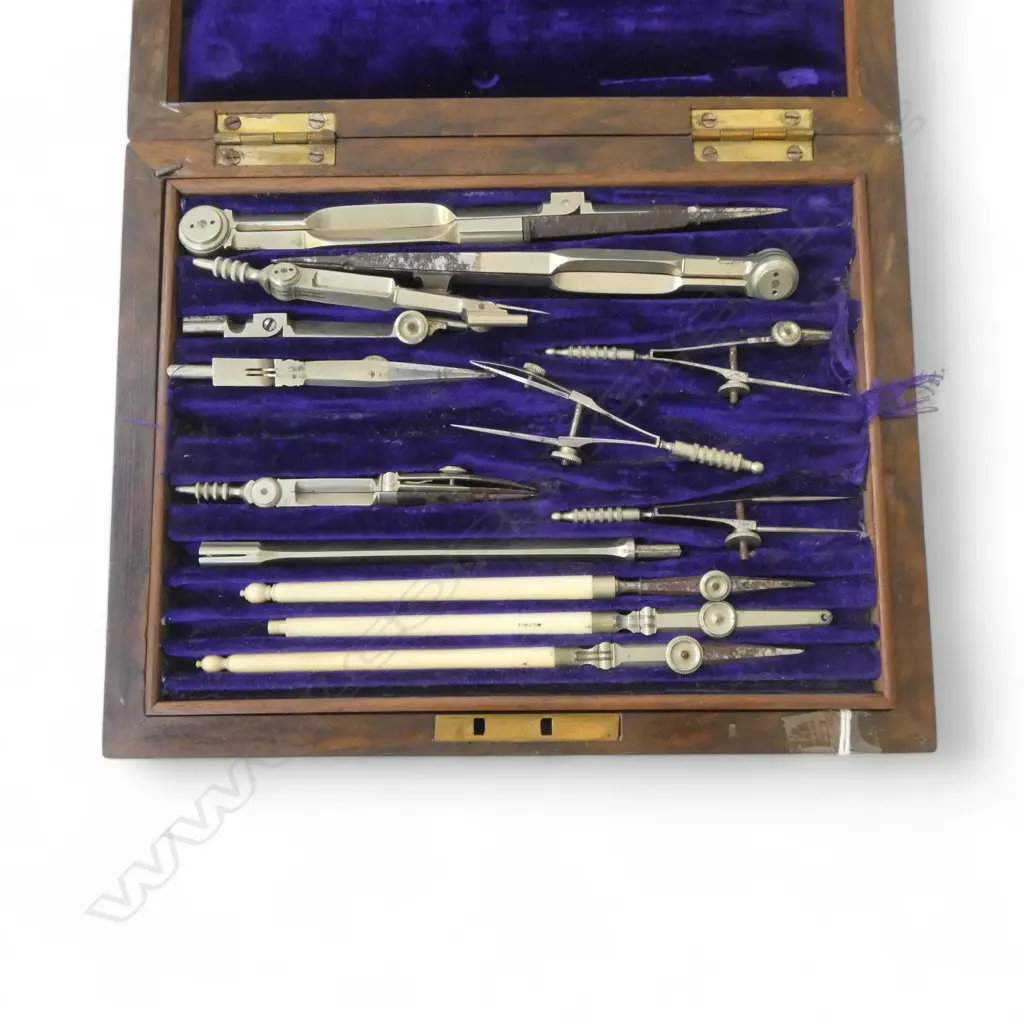 VICTORIAN ROSEWOOD BOXED DRAWING INSTRUMENT SET includes 3 ivory rulers found under the top tray Image 1++