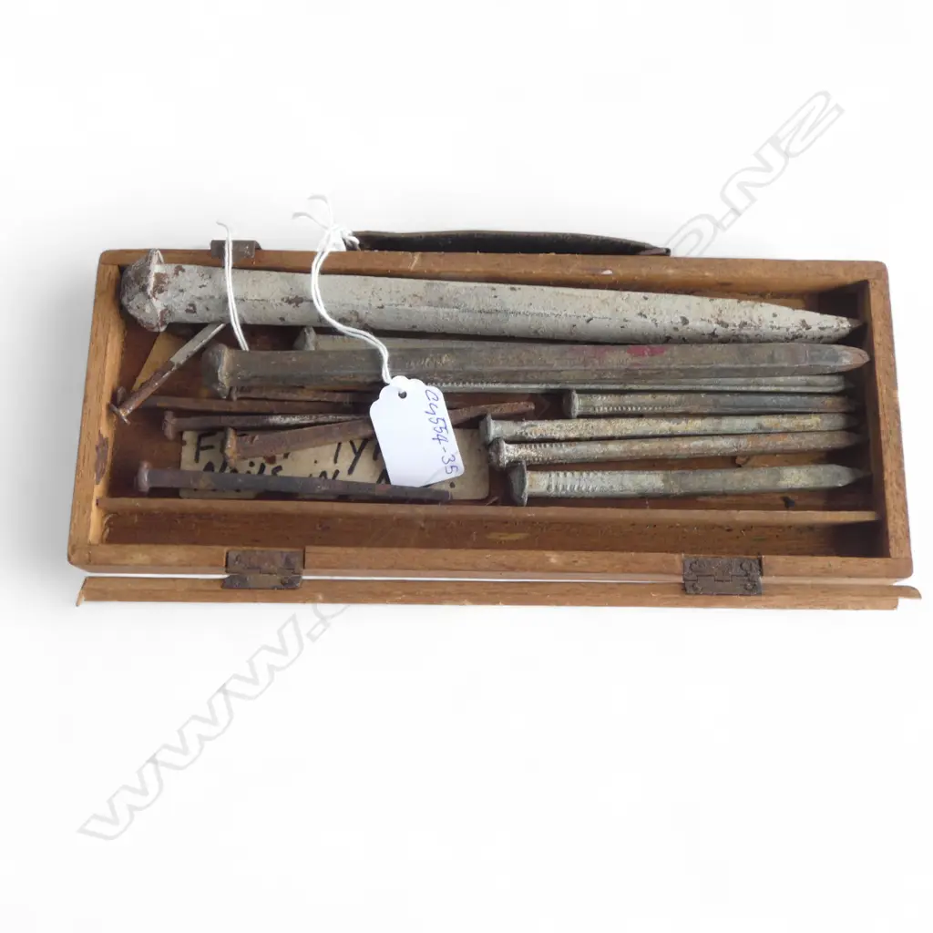 ASST. ANTIQUE NAILS in WOODEN TRAY Image 1++