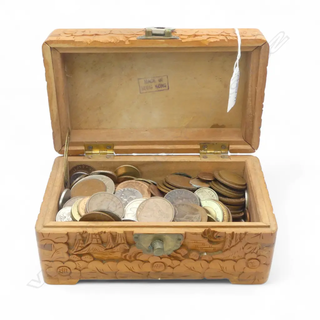 SMALL CAMPHOR BOX OF ASST. WORLD COINS Image 1++