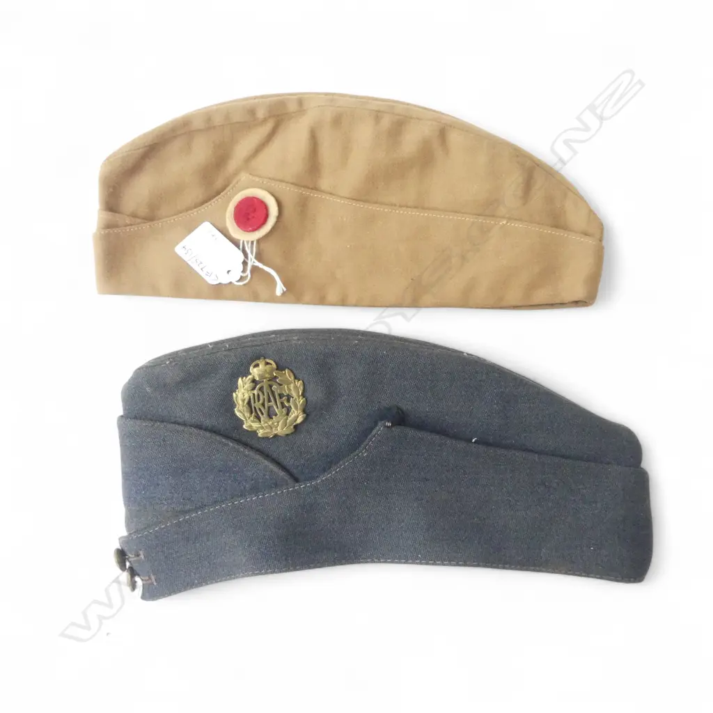 VINTAGE NZ RAF SERVICE CAP & BADGE  & ANOTHER TAN FABRIC CAP Image 1++