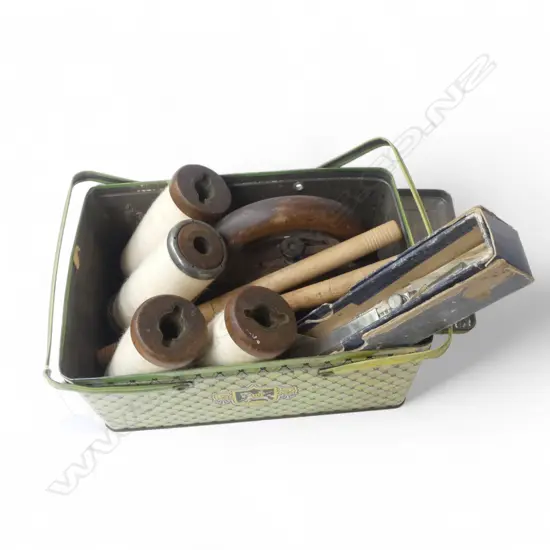 VINTAGE TIN BASKET L230 CONTENTS 4 INDUSTRIAL COTTON REELS VINTAGE IRON ETC