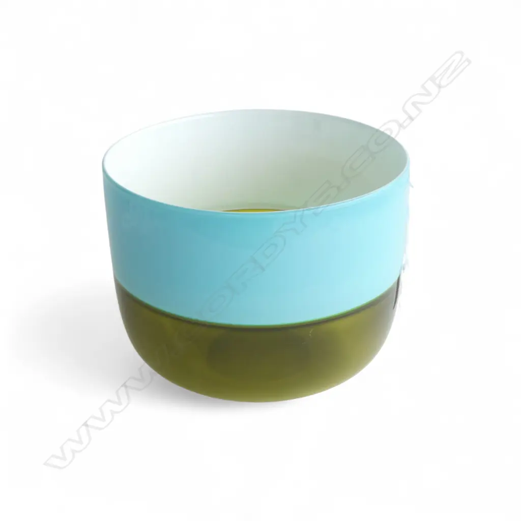 A DECORATIVE GLASS BOWL IN OLIVE AND LIGHT BLUE COLOUR 230 mm (dia) Image 1++