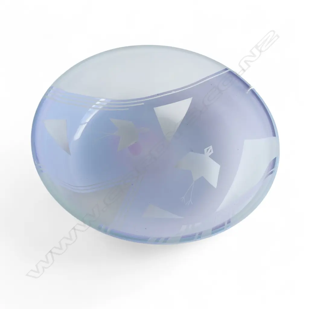 HOGLUND 1980's ART GLASS BOWL pale blue geometric bird engraved. Labelled. Dia.285mm Image 1++