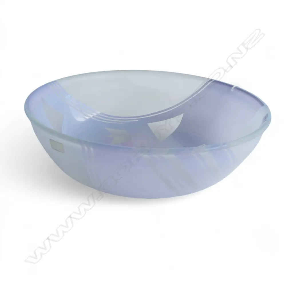 HOGLUND 1980's ART GLASS BOWL pale blue geometric bird engraved. Labelled. Dia.285mm Image 1++