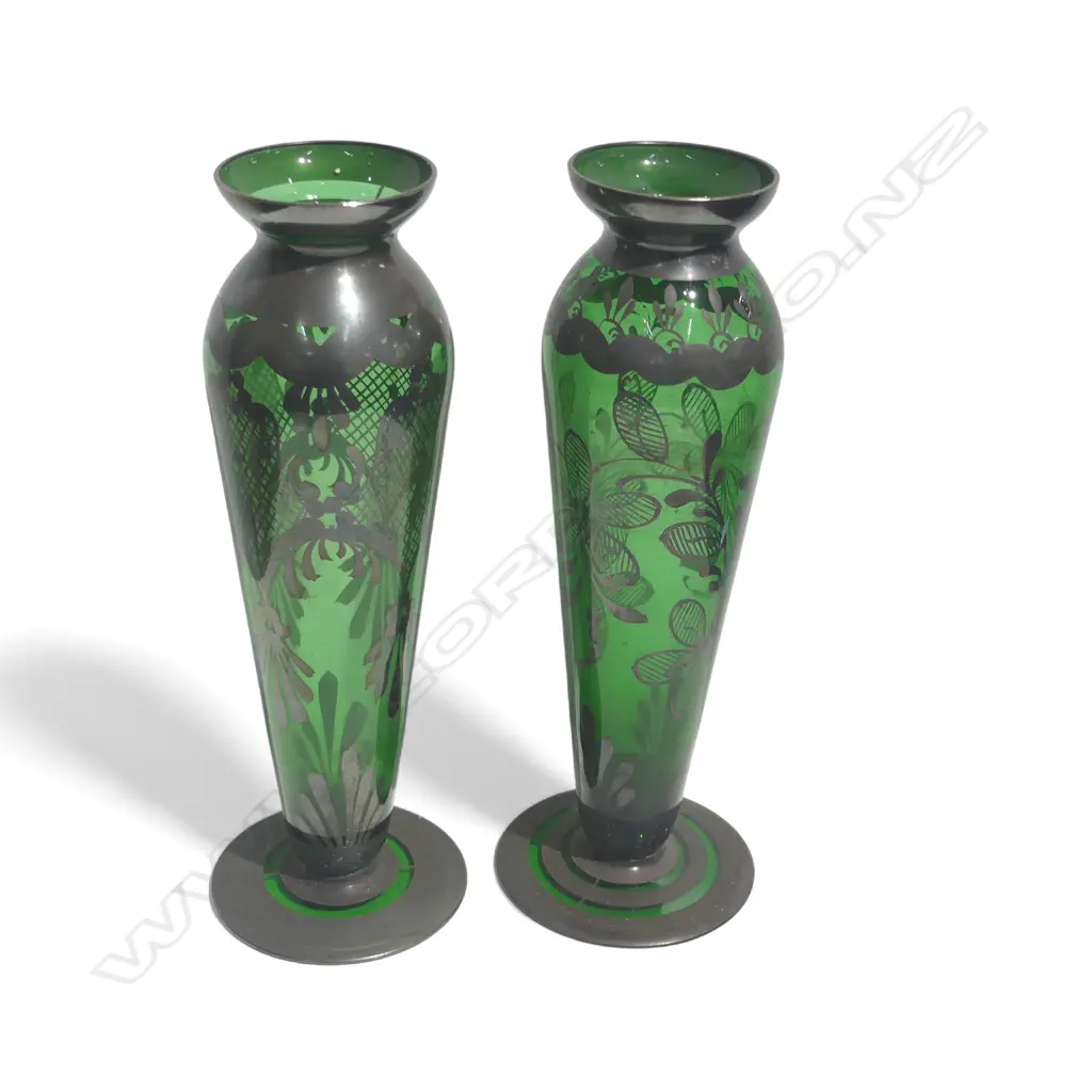 PR VINTAGE VENETIAN SILVER OVERLAY GREEN GLASS VASES H.260mm Image 1++