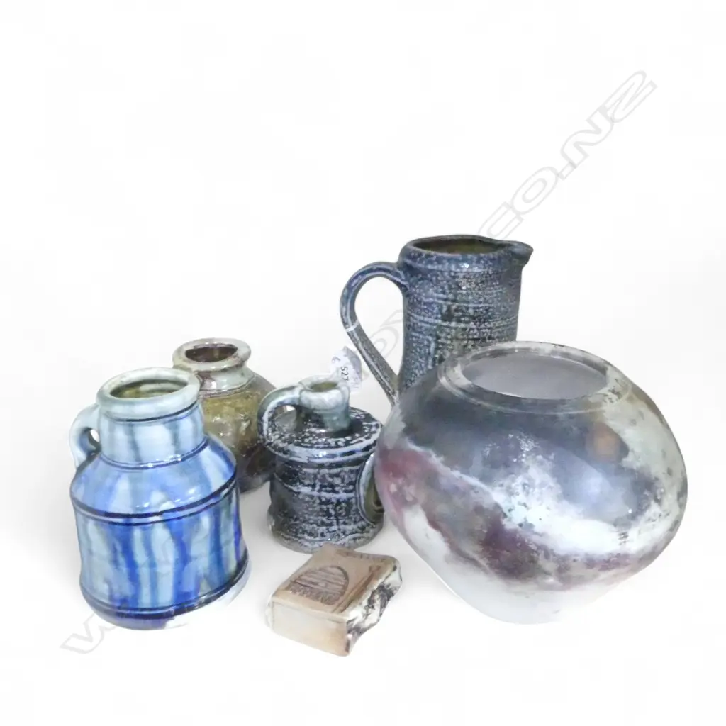 6 PCES STUDIO POTTERY; 4 SALT GLAZED HANDLED VESSELS INCL. JUG H.180mm, ALAN RHODES PIT FIRED POT, BEEHIVE MATCHES Image 1++