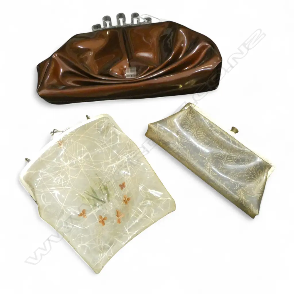 1950s 'CONFETTI' PURSE & CLUTCH + COPPER VINYL CLUTCH w ACRYLIC WAVE HANDLE Image 1++