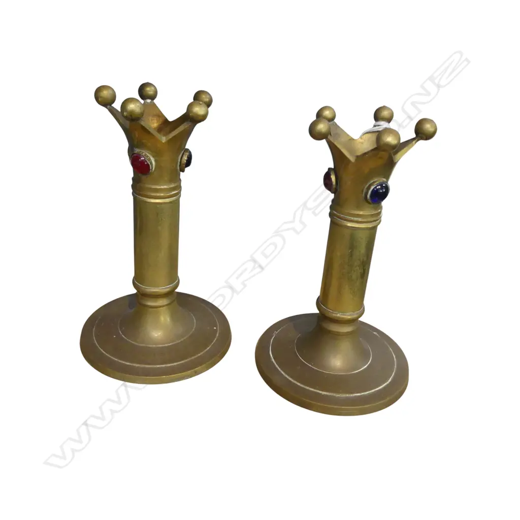 PR BRASS JEWELLED & CROWNED COLUMN CANDLESTICKS H.150mm Image 1++