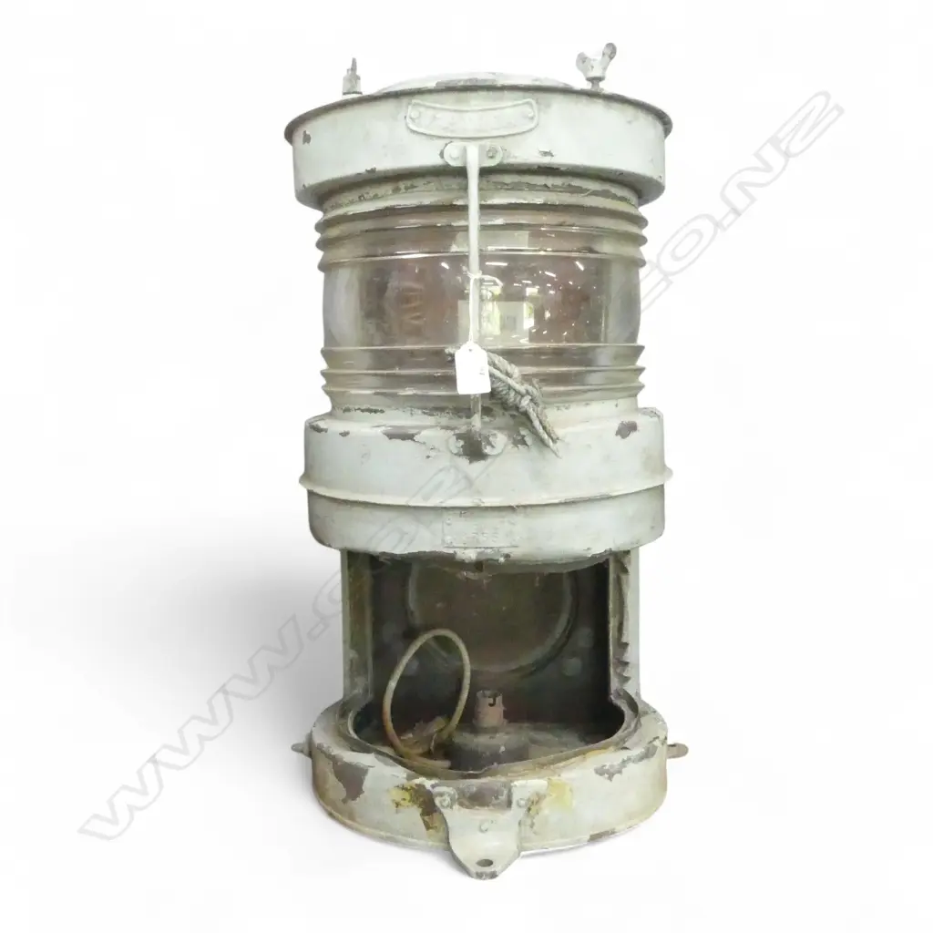 DOUBLE HEIGHT SHIPS MASTHEAD LAMP (LOWER GLASS MISSING) PAINTED COPPER. H.640mm Image 1++