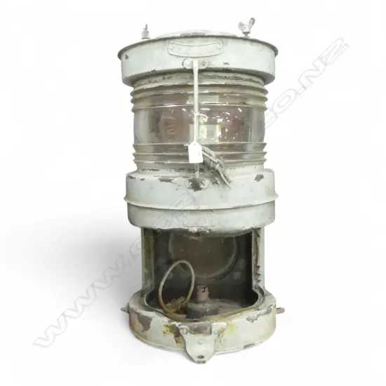 DOUBLE HEIGHT SHIPS MASTHEAD LAMP (LOWER GLASS MISSING) PAINTED COPPER. H.640mm