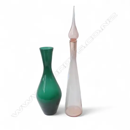 TALL MIDCENTURY LIDDED GENIE BOTTLE PINK COLOUR H660MM & GREEN GLASS VASE H450MM