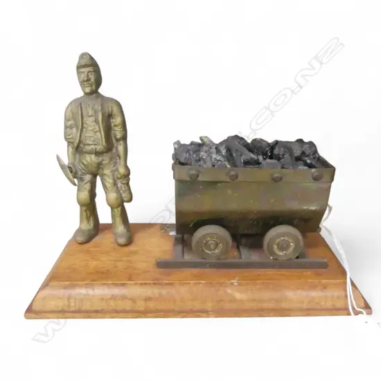 BRASS/COPPER COAL MINING SOUVENIR ON WOOD BASE W.225mm