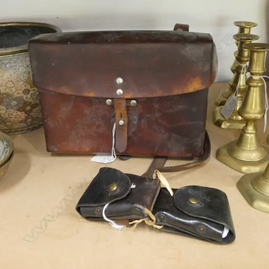 OLD LEATHER: shoulder bag + belt pouches with brass fittings. Possibly military