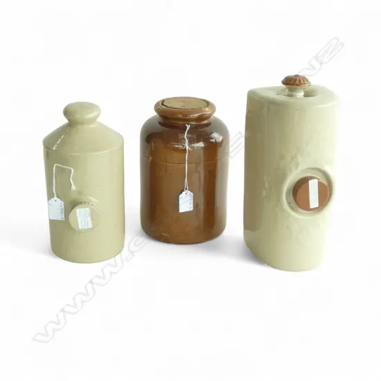 3 PCS ANTIQUE STONEWARE, 2 MUFF WARMERS & LUKE ADAMS CROCK 