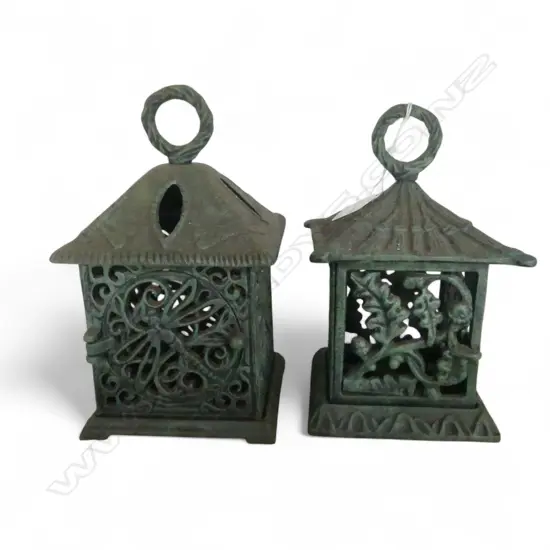 TWO CAST IRON CANDLE LANTERNS H.215mm