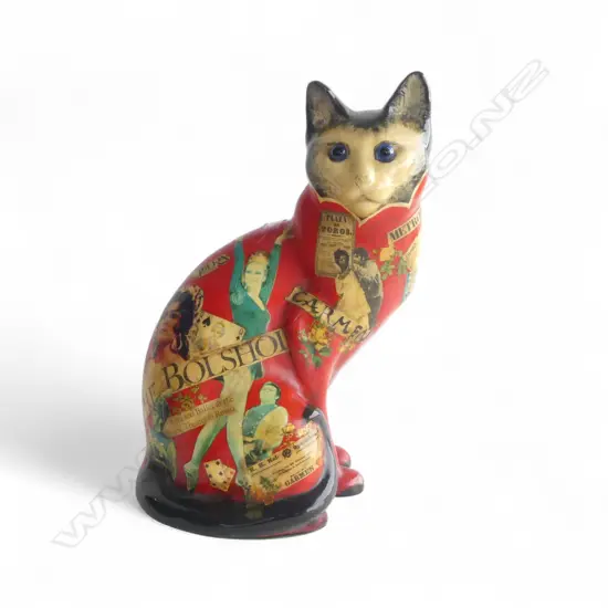 STUDIO X (MELBOURNE) PAINTED CERAMIC CAT WITH PAPER MAICHE DECORATION SIGNED AND DATED '88 ON BASE 355mm (H)