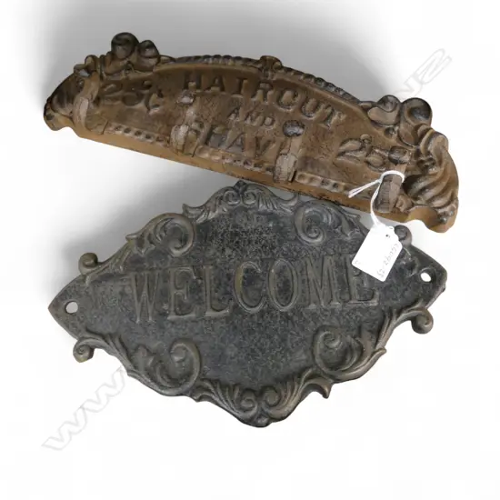  CAST IRON WELCOME SIGN + BARBER SHOP COAT HOOKS