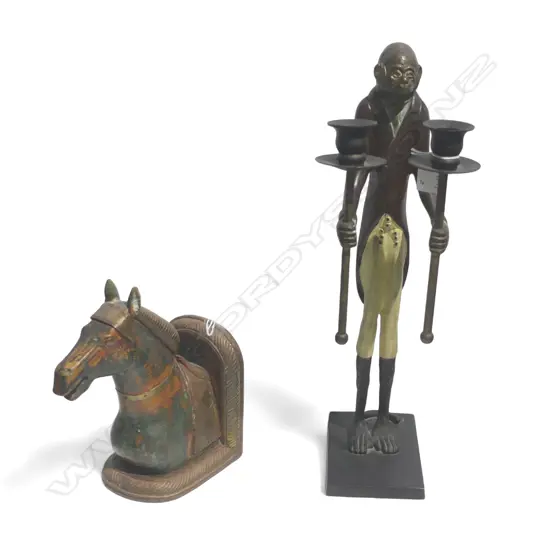 PAINTED BRONZE MONKEY SERVANT CANDLE HOLDER, H430mm & WOODEN HORSE BOOKEND (SINGLE)