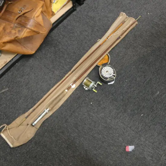 1935 3PC & TIP SPLIT CANE FISHING ROD & 2  REELS