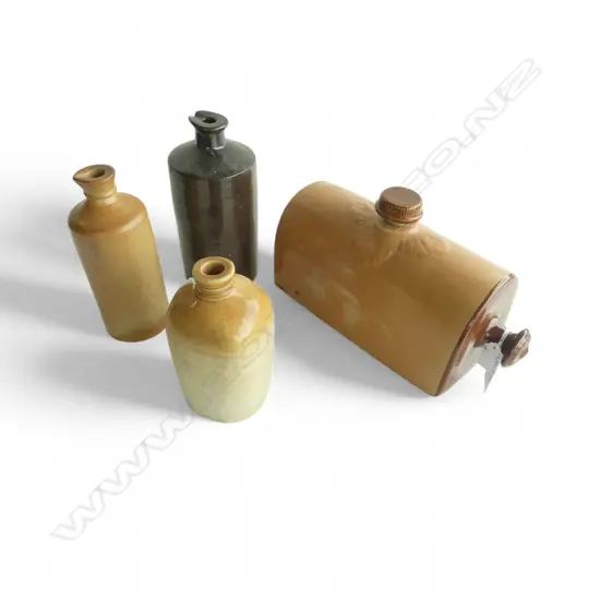 ANTIQUE LRG STONEWARE BED WARMER, L.330mm & 3 STONEWARE BOTTLES, H.230mm tallest (1 sml chip)