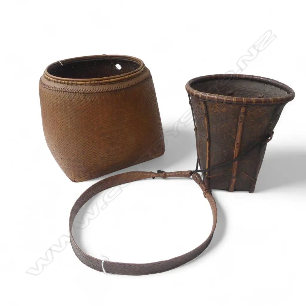2 VINTAGE CANE ETHNIC WOVEN BASKETS H260MM Image 1++