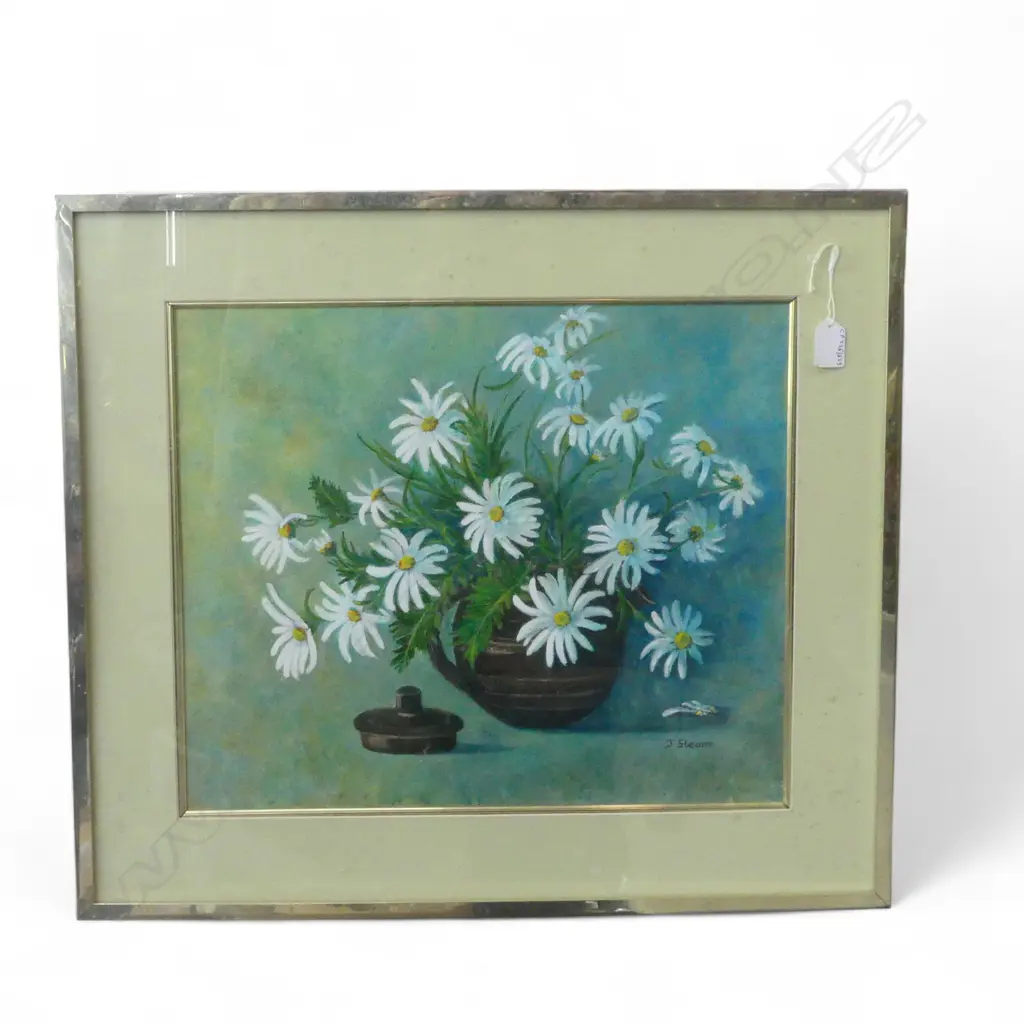 FRAMED OIL  STILLIFE DAISES IN A TEAPOT SIGNED J STEANE H380 L450MM Image 1++