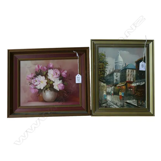 2 SMALL OILS CONT STREET SCENE SIGNED HENRI RODGER H240 L190MM & OIL SIGNED M HUDSON H180 L240MM