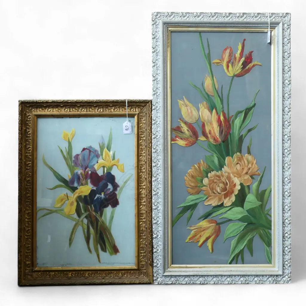 2 EDWARDIAN FLORAL PAINTINGS ON GLASS IRISES H440 OTHER H680MM Image 1++